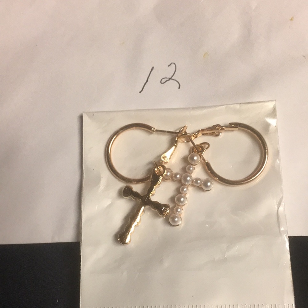 Gold Cross Earrings with Pearl Accents